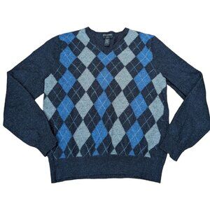 Banana Republic Navy Blue Merino Wool Argyle Sweater V-Neck Knit Pullover Large